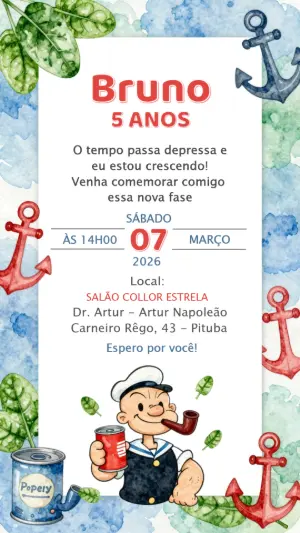 Convite de Aniversário Popeye Marinheiro Aquarela para Editar