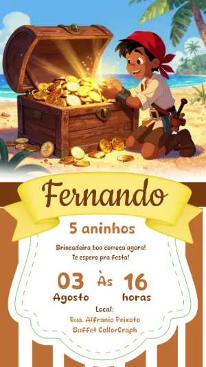 Convite de Aniversário Pirata e Tesouro para Editar