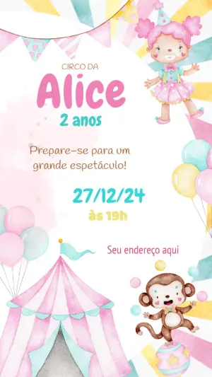 Convite Aniversário Circo Aquarela para Editar Online