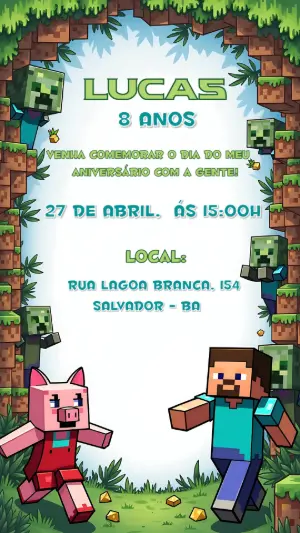 Convite de Aniversário Minecraft com Personagens para Editar