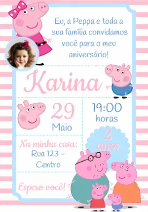 Convite de Aniversário Peppa Pig com foto para Editar Online
