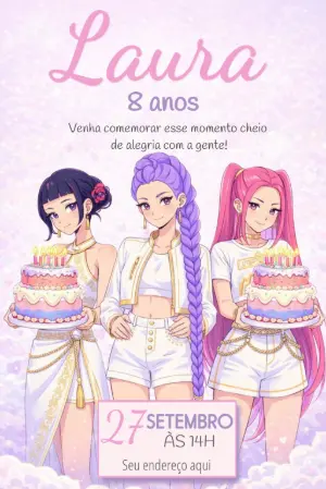 Convite Digital Aniversário K-pop Anime Editável