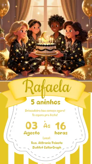 Convite Festa do Pijama Meninas Dourado para Editar