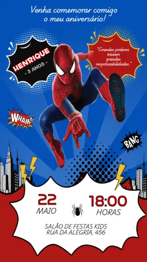 Convite de Aniversário Homem-Aranha Editável Estilo HQ