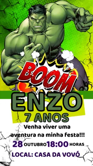 Convite de Aniversário Hulk para Editar | Modelo Digital Herói