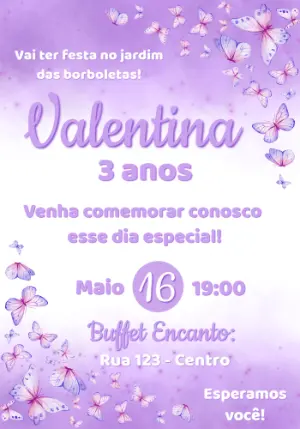 Convite de Aniversário Jardim das Borboletas Lilás para Editar