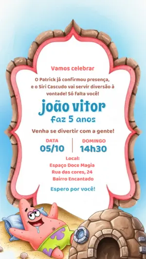 Convite Aniversário Bob Esponja e Patrick para Editar Online