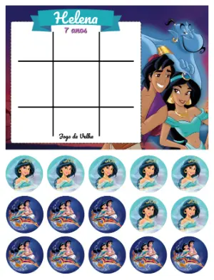 Jogo da Velha Aniversário Jasmine e Aladdin Modelo Editável