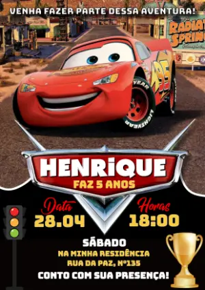 Convite de Aniversário Carros Relâmpago McQueen Editável