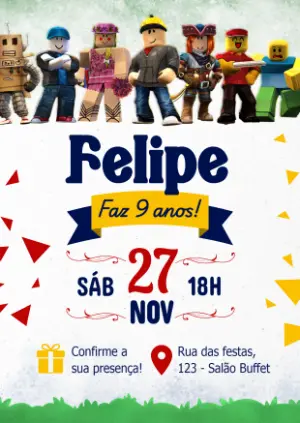 Convite de Aniversário Roblox com Personagens para Editar