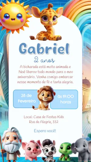 Convite Aniversário Arca de Noé com Animais para Editar Online