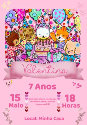 Convite de Aniversário Animais Fofos para Editar Online