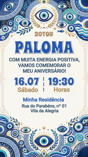 Convite Digital Aniversário Adulto Tema Olho Grego Editável