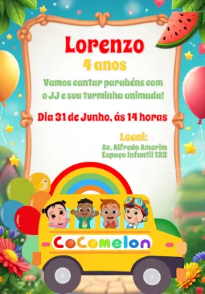 Convite de Aniversário Cocomelon com a Turminha Editável Online