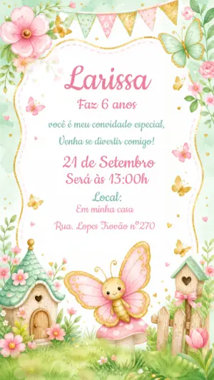 Convite Jardim das Borboletas para Aniversário Editável