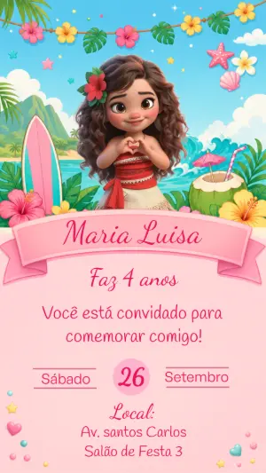 Convite Digital Aniversário Moana Baby | Modelo Editável