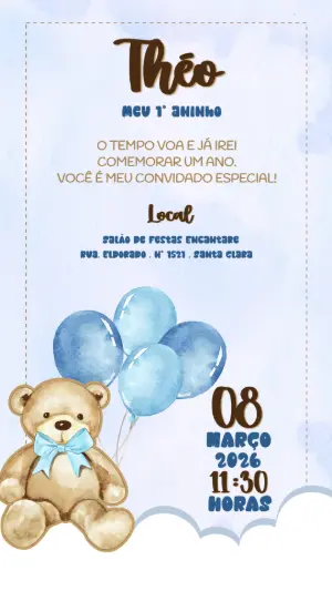 Convite de Aniversário 1º Aninho Ursinho Balões Azul Editável
