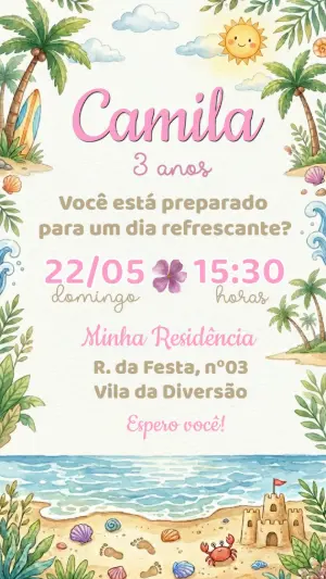 Convite de Aniversário Praia Aquarela para Menina Editável