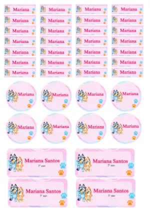 Etiquetas Escolares Bluey Rosa: Modelo Editável para Material