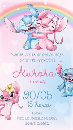 Convite de Aniversário Stitch e Angel para Editar Online