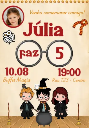 Convite Aniversário Harry Potter com Foto para Editar Online