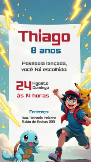 Convite de Aniversário Pokémon com Ash e Pikachu para Editar