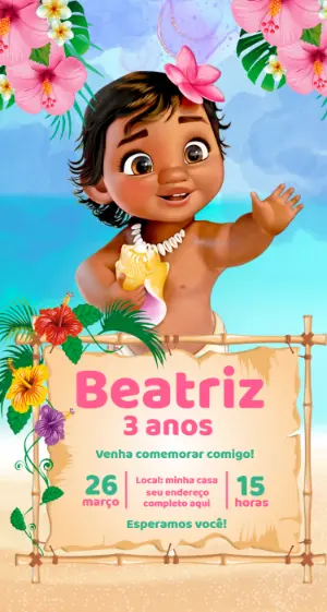 Convite de Aniversário Moana Baby Tropical Editável