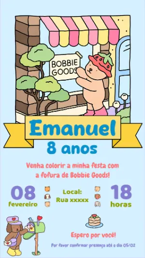 Convite de Aniversário Bobbie Goods Fofinho Editável Online