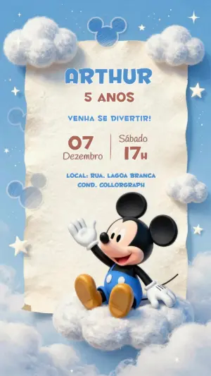 Convite de Aniversário Mickey nas Nuvens Modelo Editável