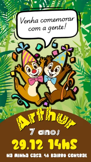 Convite de Aniversário Tico e Teco na Selva para Editar Online