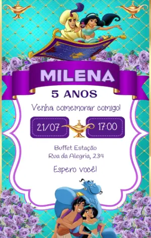 Convite Aniversário Jasmine e Aladdin para Editar Online