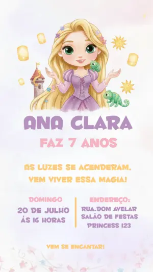 Convite Digital Aniversário Enrolados Estilo Aquarela Editável