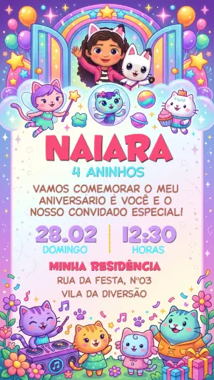 Convite de Aniversário Infantil Casa Mágica dos Gatos Editável