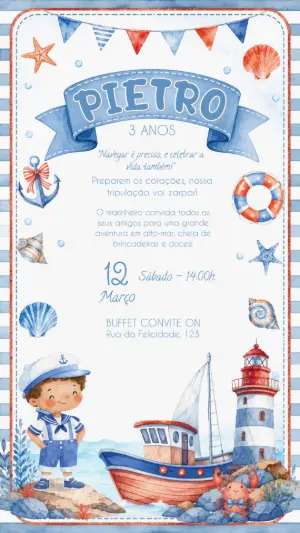 Convite de Aniversário Marinheiro Aquarela para Editar