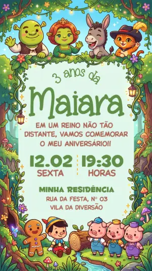 Convite Digital Aniversário Shrek Floresta Encantada Editável