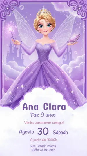 Convite Aniversário Infantil Princesa Fada Lilás Editável