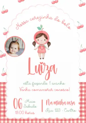 Convite de Aniversário Cerejinha com Foto para Editar Online