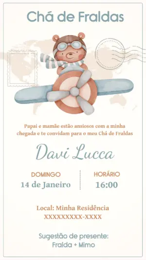 Convite Chá de Fraldas Ursinho Aviador para Editar Online