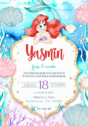 Convite de Aniversário Pequena Sereia Aquarela para Editar