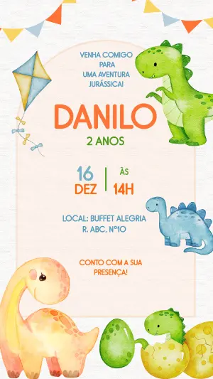 Convite de Aniversário Dinossauros Baby em Aquarela para Editar