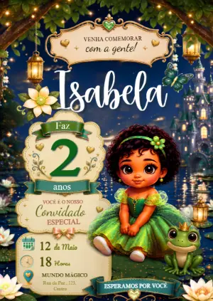 Convite Aniversário Princesa e o Sapo Encantado Editável