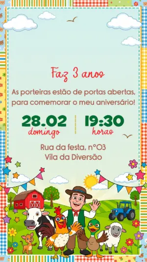 Convite de Aniversário Fazendinha do Zenon Colorido para Editar