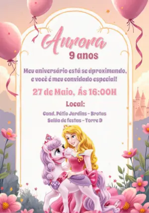 Convite de Aniversário Princesa Aurora com Pônei para Editar