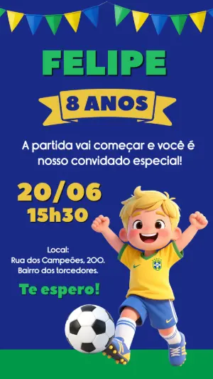 Convite Digital Aniversário Infantil Tema Futebol Brasil