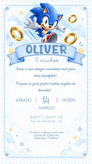 Convite de Aniversário Sonic Editável para Festa Infantil