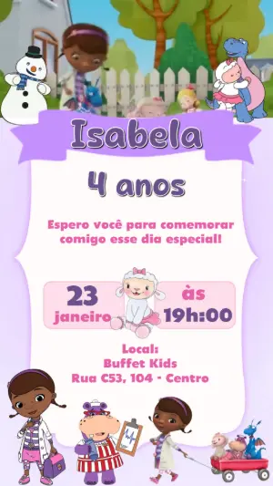 Convite Animado Aniversário Doutora Brinquedo para Editar