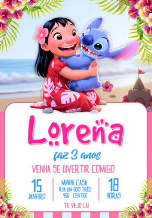 Convite de Aniversário Lilo & Stitch Tropical para Editar