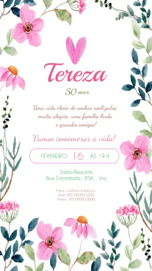 Convite de Aniversário 50 Anos Floral Aquarela Editável