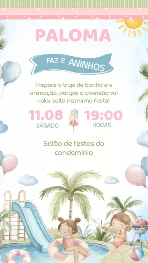 Convite de Aniversário Pool Party Menina para Editar Online