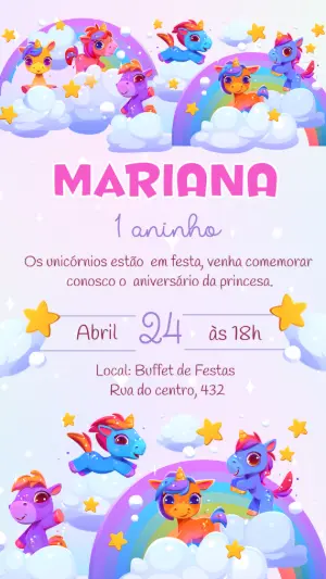 Convite de Aniversário Unicórnio Fofo para Editar Online
